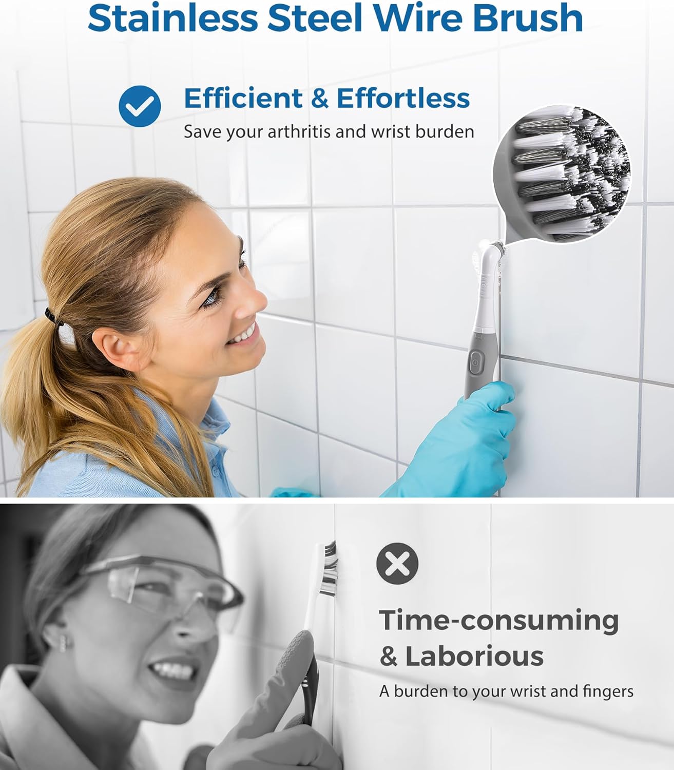 Rechargeable Electric Grout Brush with Built-in Battery, Upgraded KH6A Stainless Steel Wire Power Brush & IPX7 Waterproof, Cordless Cleaning Brush & 5 Replacement Heads for Grout, Crevice