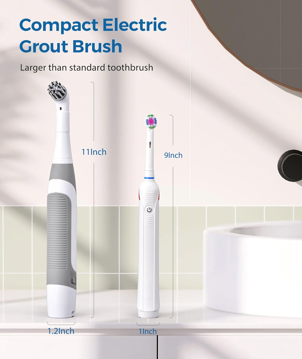 Rechargeable Electric Grout Brush with Built-in Battery, Upgraded KH6A Stainless Steel Wire Power Brush & IPX7 Waterproof, Cordless Cleaning Brush & 5 Replacement Heads for Grout, Crevice