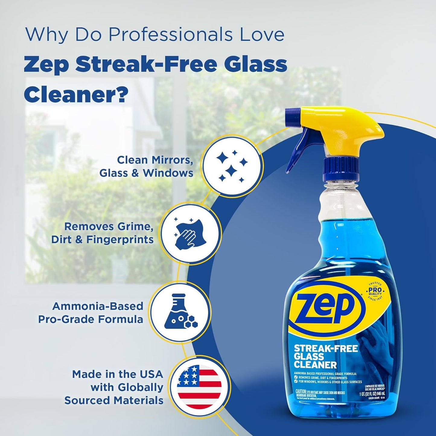 Streak-Free Glass Cleaner - 32 Oz (Case of 12) ZU112032- Professional Grade Formula that Cleans Dirt, Fingerprints, Grime, Smoke Haze, and Toothpaste on Windows, Mirrors, and Other Glass Surfaces