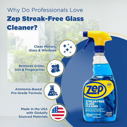 Streak-Free Glass Cleaner - 32 Oz (Case of 12) ZU112032- Professional Grade Formula that Cleans Dirt, Fingerprints, Grime, Smoke Haze, and Toothpaste on Windows, Mirrors, and Other Glass Surfaces