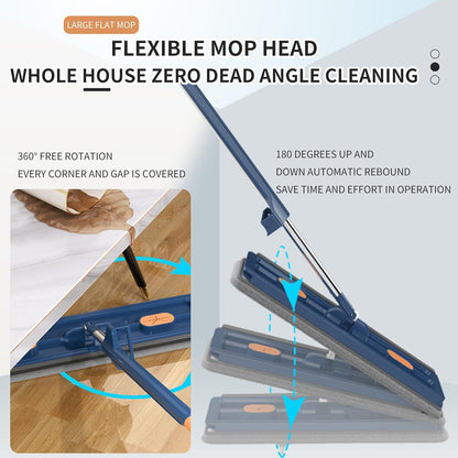 2025 New Large Flat Mop with 6 Reusable Mop Head Dry and Wet, Flat Mop and Bucket Set, Adjustable Handle Self Wringing Flat Mops, 360 Rotation Flat Mop (Blue with 6pcs Mop Head)