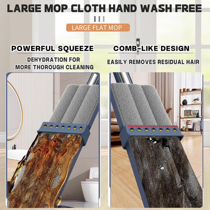 2025 New Large Flat Mop with 6 Reusable Mop Head Dry and Wet, Flat Mop and Bucket Set, Adjustable Handle Self Wringing Flat Mops, 360 Rotation Flat Mop (Blue with 6pcs Mop Head)