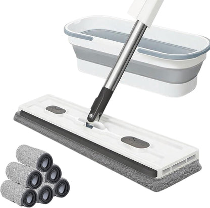 2025 New Large Flat Mop with 6 Reusable Mop Head Dry and Wet, Flat Mop and Bucket Set, Adjustable Handle Self Wringing Flat Mops, 360 Rotation Flat Mop (Blue with 6pcs Mop Head)