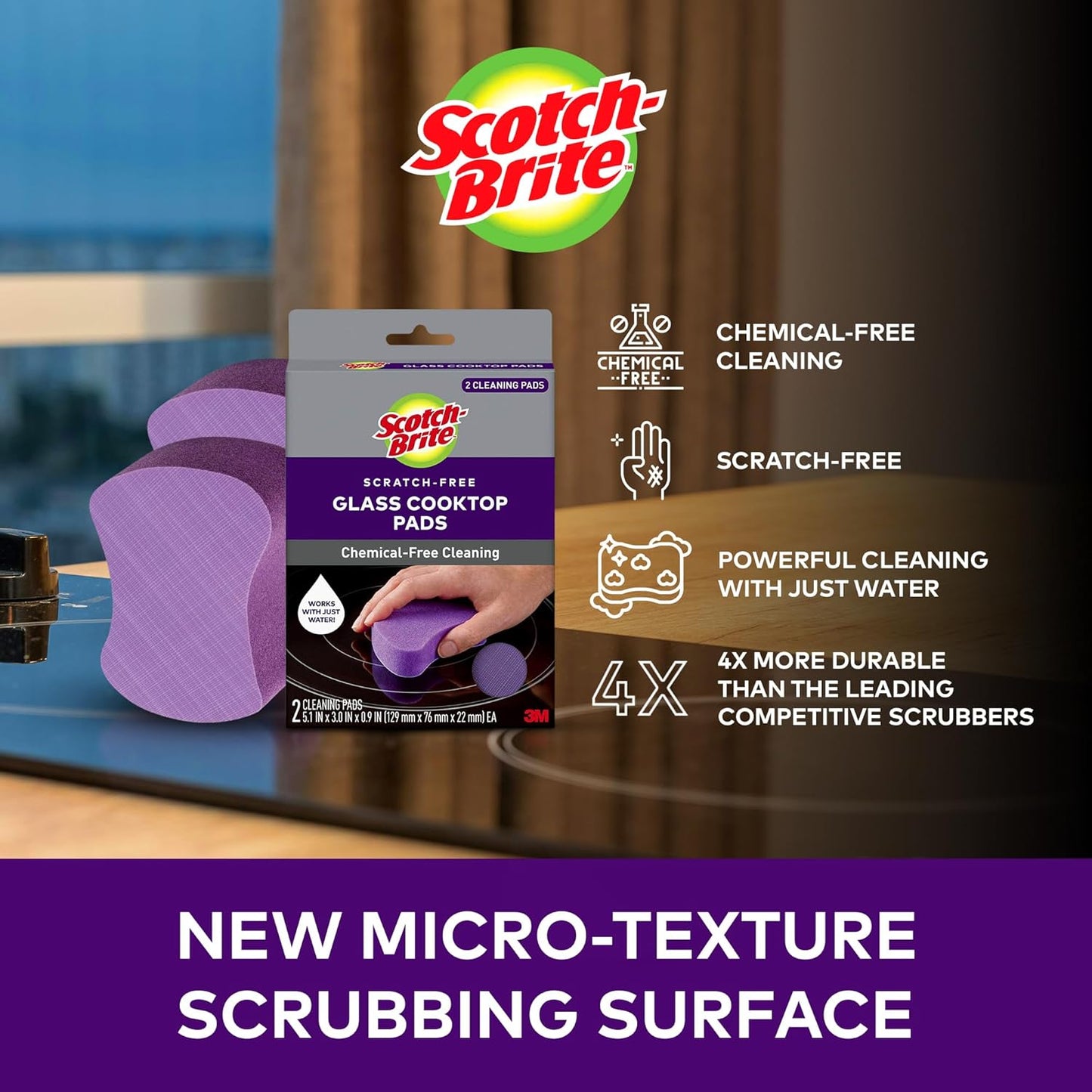 Scratch-Free Glass Cooktop Pads, Chemical Free Cleaning for Glass Stovetops, Tackle Burnt-On Messes, 2 Cleaning Pads