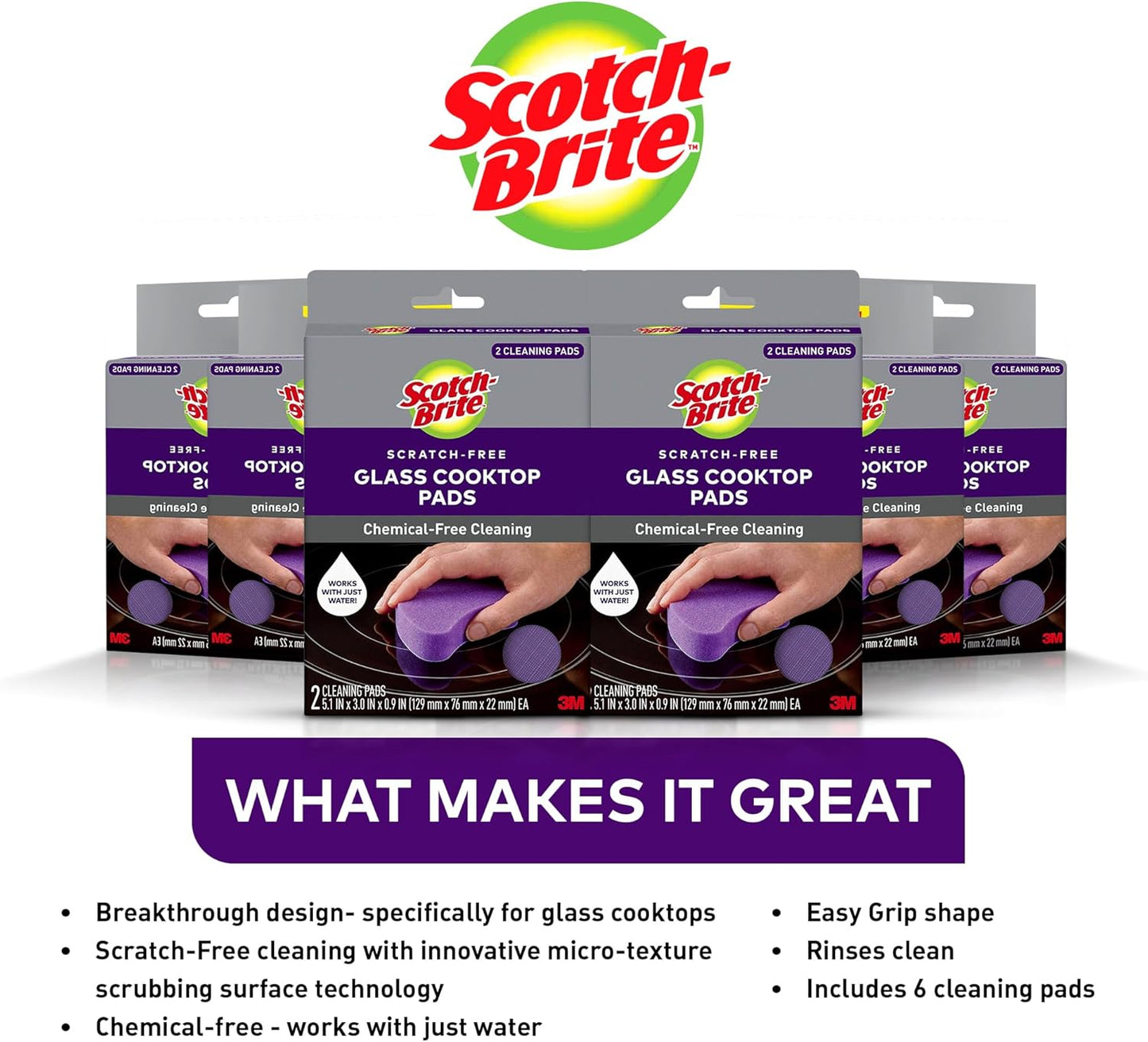 Scratch-Free Glass Cooktop Pads, Chemical Free Cleaning for Glass Stovetops, Tackle Burnt-On Messes, 2 Cleaning Pads
