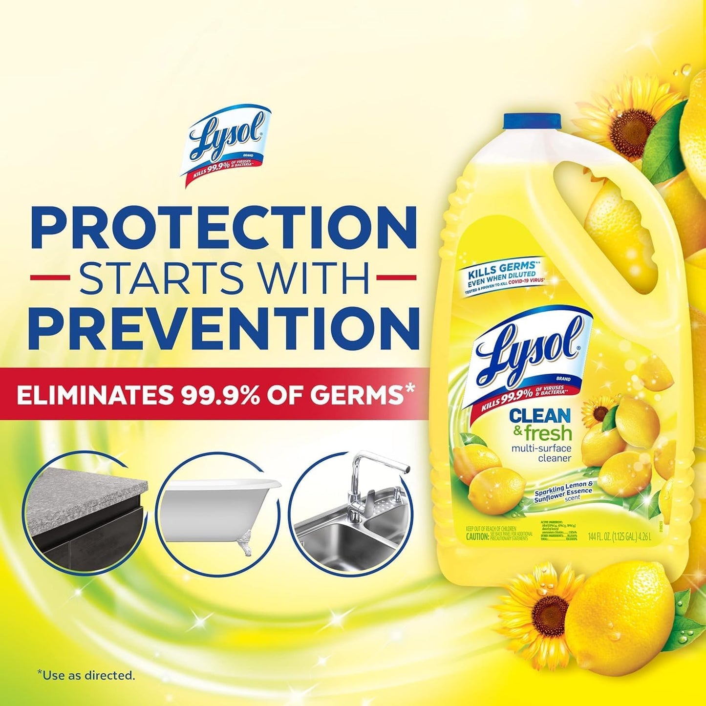 All Purpose Cleaner, Multi-Surface Disinfectant Floor Cleaner for Mopping Solution, Household Cleaning Supplies, for Bathroom & Kitchen, Lemon & Sunflower Scent, 144 oz