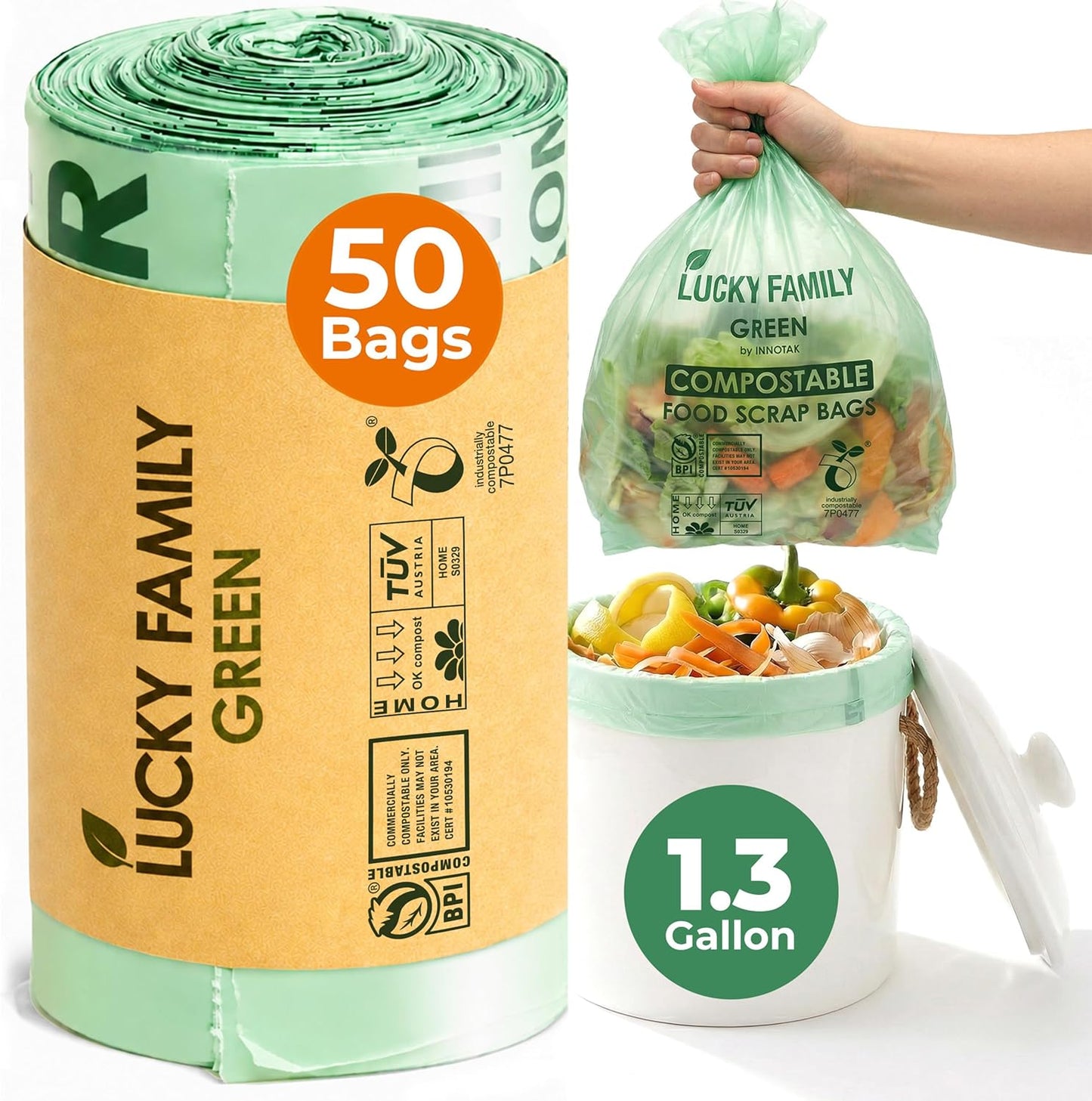 Compostable Trash Bags for Kitchen Compost Bins – 1.3 Gallon Small Compost Bags for Countertop Bin, Green Compostable Bags, BPI Certified ASTM D6400, Leak-Resistant Food Waste Bags (50 Count)