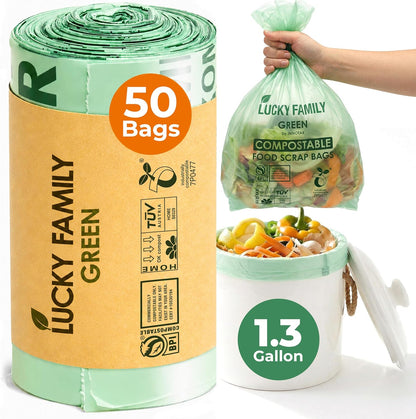 Compostable Trash Bags for Kitchen Compost Bins – 1.3 Gallon Small Compost Bags for Countertop Bin, Green Compostable Bags, BPI Certified ASTM D6400, Leak-Resistant Food Waste Bags (50 Count)