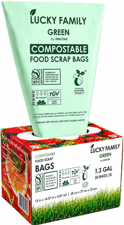 Compostable Trash Bags for Kitchen Compost Bins – 1.3 Gallon Small Compost Bags for Countertop Bin, Green Compostable Bags, BPI Certified ASTM D6400, Leak-Resistant Food Waste Bags (50 Count)