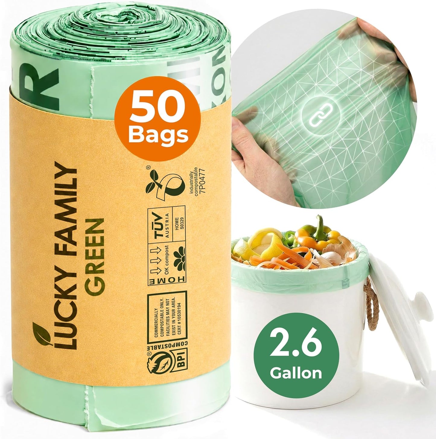 Compostable Trash Bags for Kitchen Compost Bins – 1.3 Gallon Small Compost Bags for Countertop Bin, Green Compostable Bags, BPI Certified ASTM D6400, Leak-Resistant Food Waste Bags (50 Count)