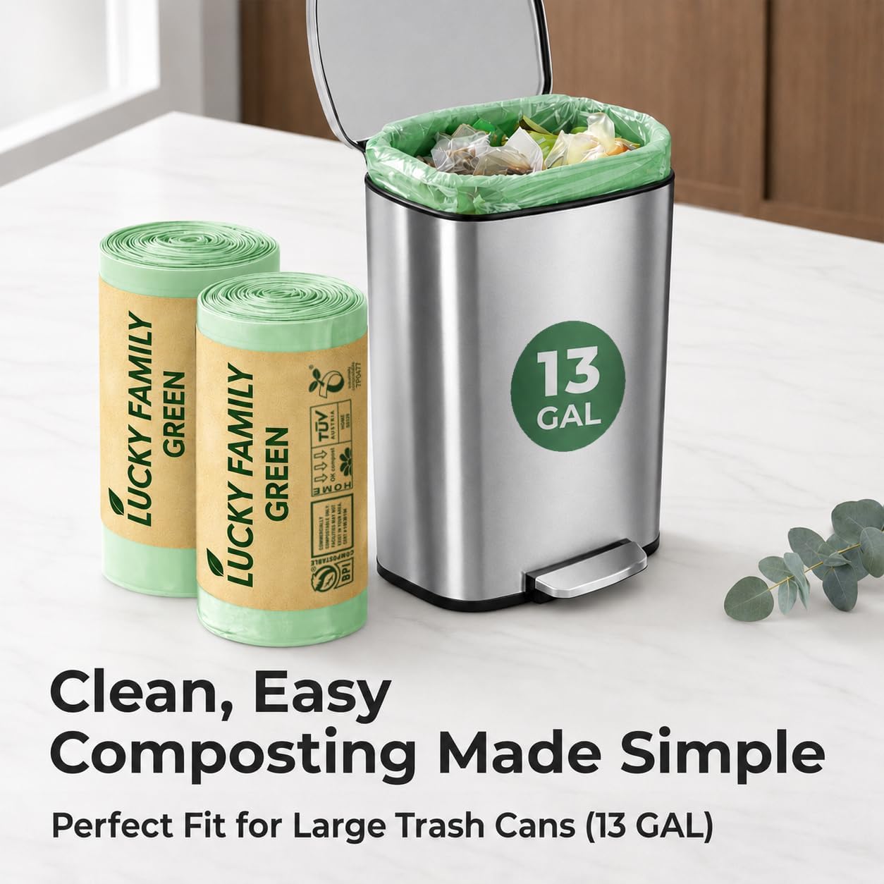 Compostable Trash Bags for Kitchen Compost Bins – 1.3 Gallon Small Compost Bags for Countertop Bin, Green Compostable Bags, BPI Certified ASTM D6400, Leak-Resistant Food Waste Bags (50 Count)