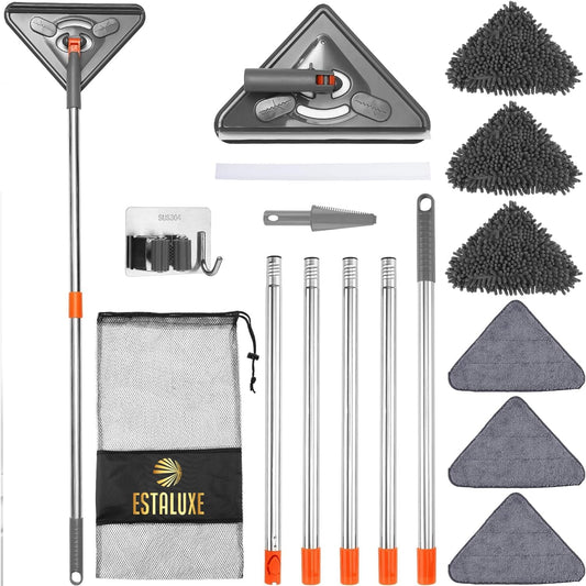 85” Baseboard Cleaner Tool with Handle and Hooks, 180° Rotating Wall Cleaner with Convex Design, Wall Mop with 6 Reusable Pads to Clean Wall, Window, Floor and Ceiling with Extension Poles