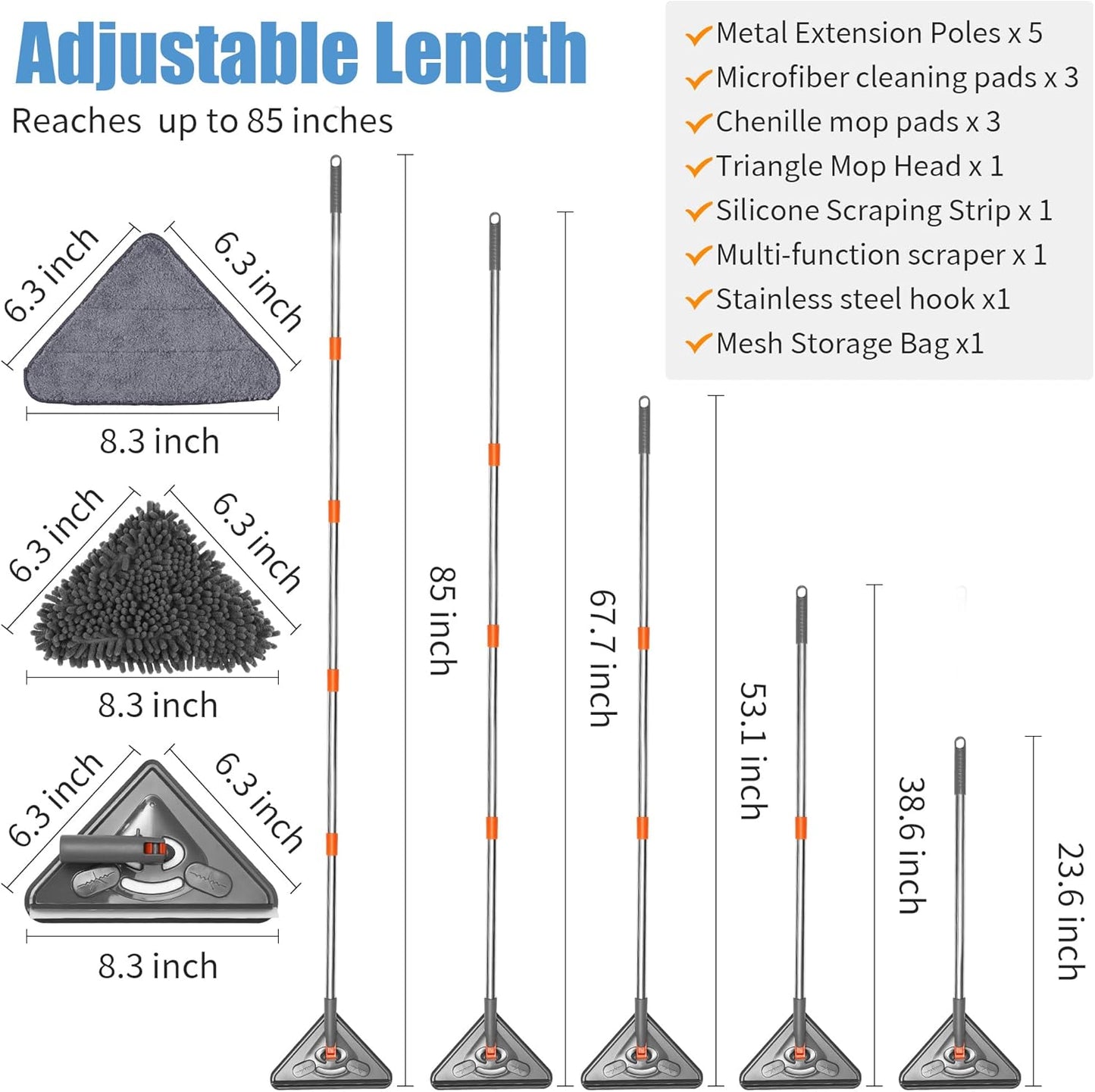85” Baseboard Cleaner Tool with Handle and Hooks, 180° Rotating Wall Cleaner with Convex Design, Wall Mop with 6 Reusable Pads to Clean Wall, Window, Floor and Ceiling with Extension Poles