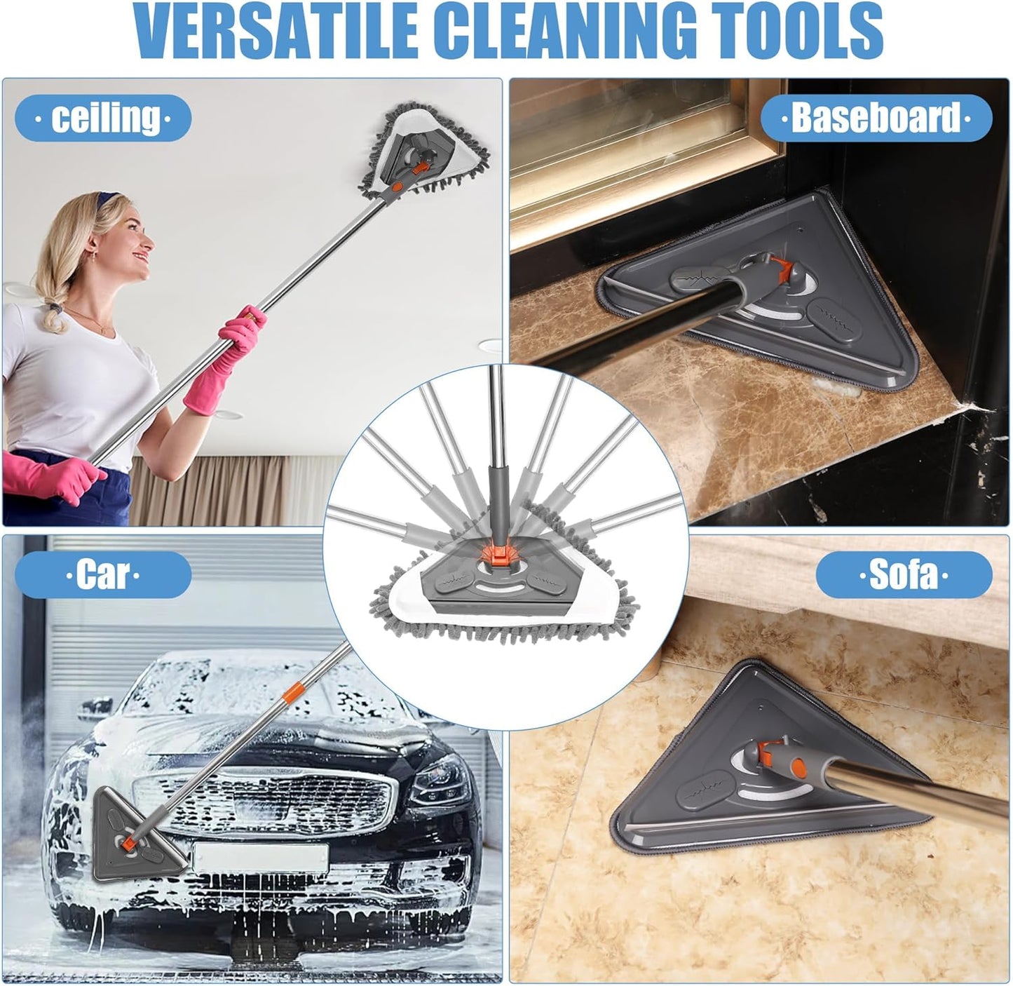 85” Baseboard Cleaner Tool with Handle and Hooks, 180° Rotating Wall Cleaner with Convex Design, Wall Mop with 6 Reusable Pads to Clean Wall, Window, Floor and Ceiling with Extension Poles