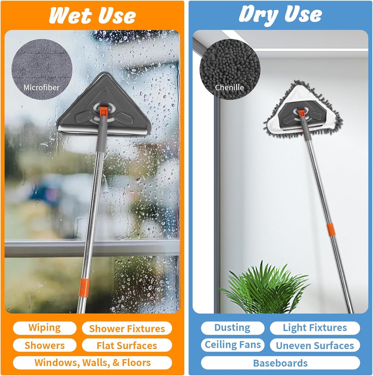 85” Baseboard Cleaner Tool with Handle and Hooks, 180° Rotating Wall Cleaner with Convex Design, Wall Mop with 6 Reusable Pads to Clean Wall, Window, Floor and Ceiling with Extension Poles