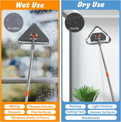 85” Baseboard Cleaner Tool with Handle and Hooks, 180° Rotating Wall Cleaner with Convex Design, Wall Mop with 6 Reusable Pads to Clean Wall, Window, Floor and Ceiling with Extension Poles