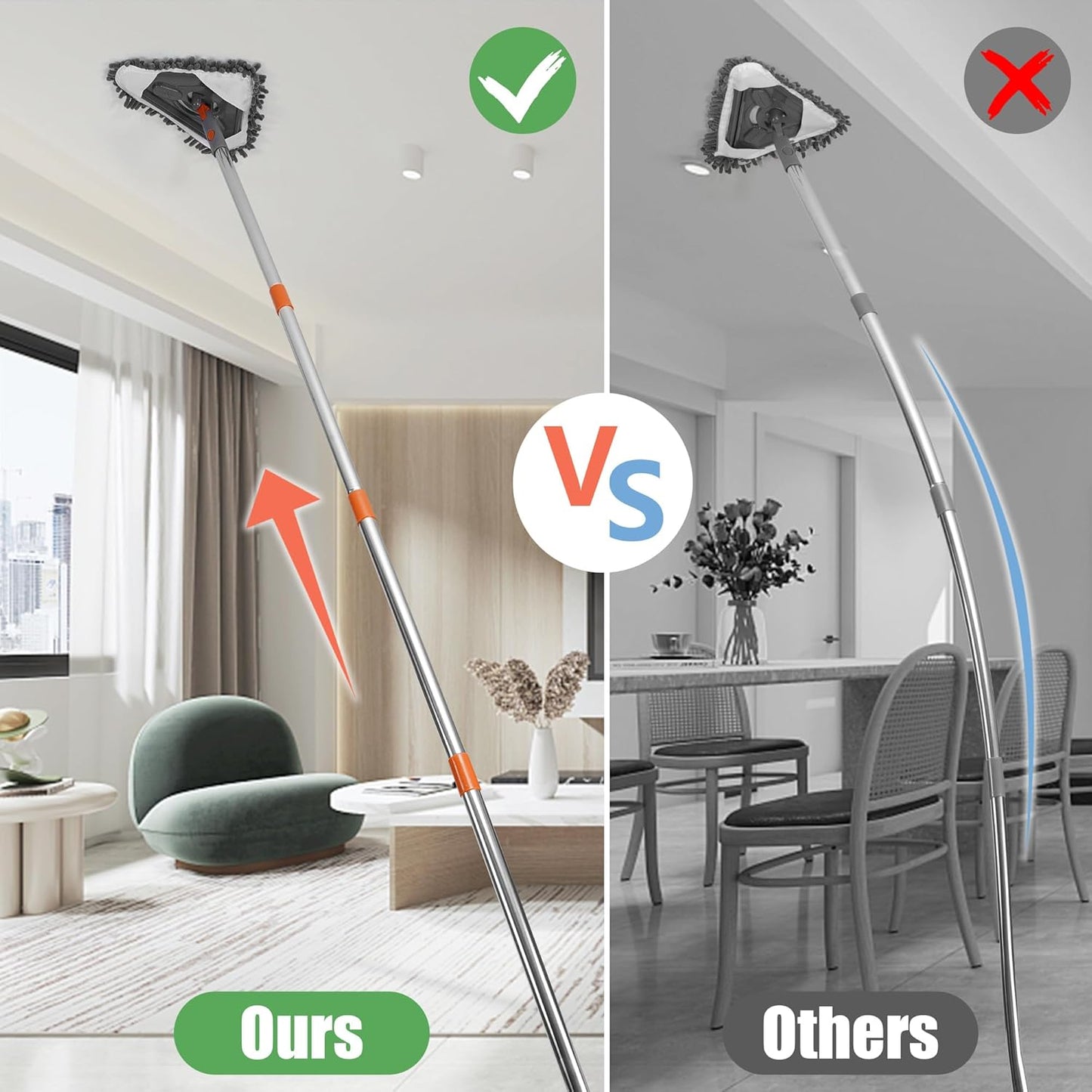 85” Baseboard Cleaner Tool with Handle and Hooks, 180° Rotating Wall Cleaner with Convex Design, Wall Mop with 6 Reusable Pads to Clean Wall, Window, Floor and Ceiling with Extension Poles