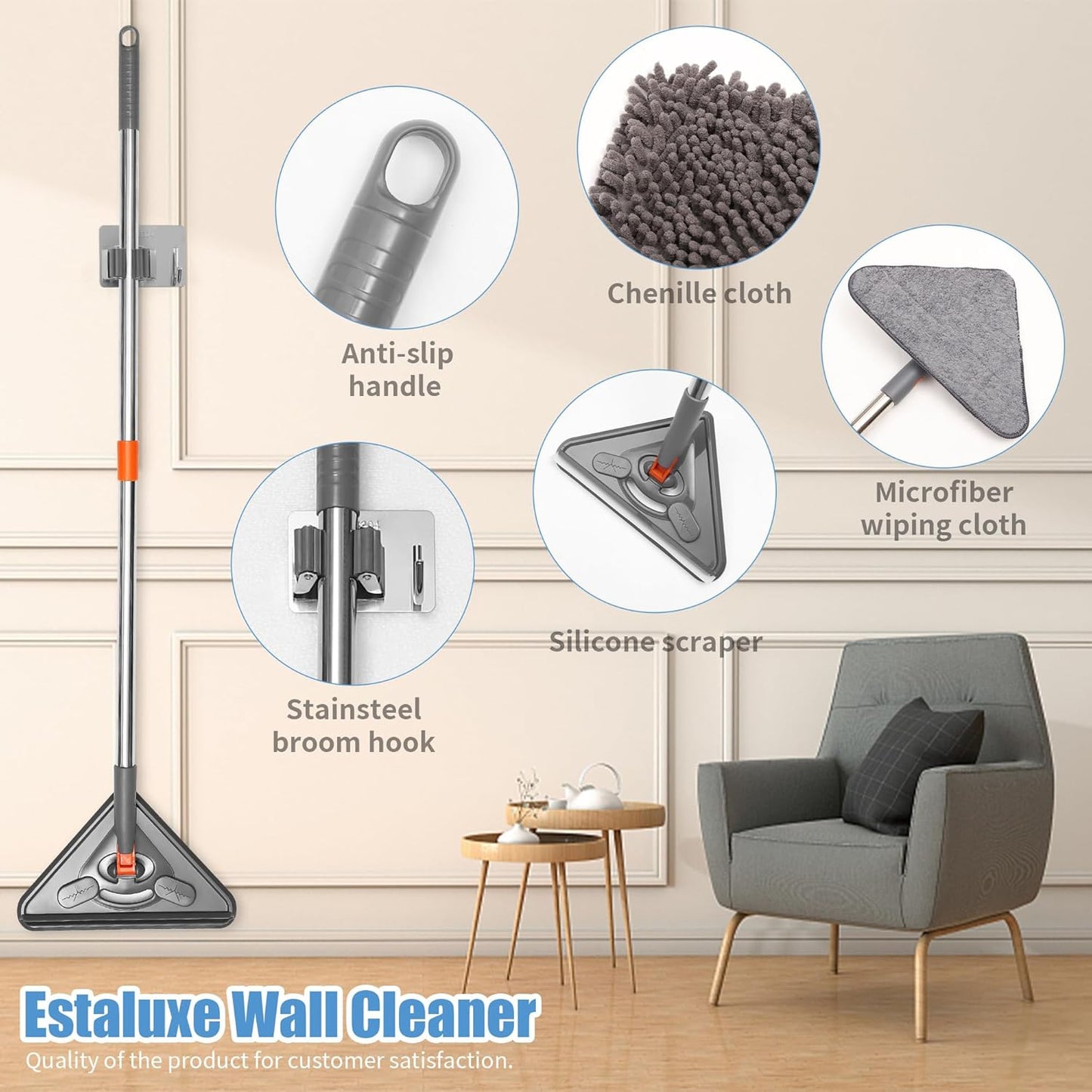 85” Baseboard Cleaner Tool with Handle and Hooks, 180° Rotating Wall Cleaner with Convex Design, Wall Mop with 6 Reusable Pads to Clean Wall, Window, Floor and Ceiling with Extension Poles