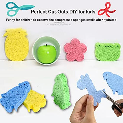 12-Count Kitchen Sponges- Compressed Cellulose Sponges Non-Scratch Natural Dish Sponge for Kitchen Bathroom Cars, Funny Cut-Outs DIY for Kids-Absorb Water Before Use