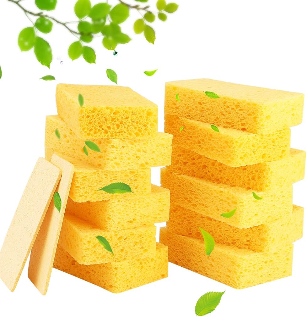 12-Count Kitchen Sponges- Compressed Cellulose Sponges Non-Scratch Natural Dish Sponge for Kitchen Bathroom Cars, Funny Cut-Outs DIY for Kids-Absorb Water Before Use