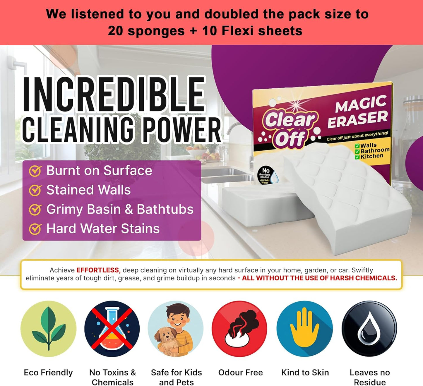 20 Pack Upgraded Magic Sponge Eraser Extra Large Super Powerful - Melamine Sponge for All-Purpose Cleaning, Oven Cleaner, Wall Cleaner, Dish, Kitchen, Baseboards, Sink, Sneaker, Car, Bathroom